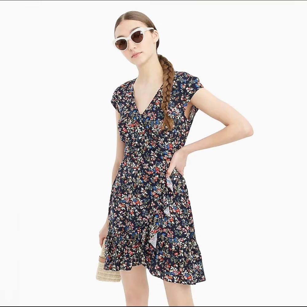 J. Crew blue floral faux wrap ruffle dress